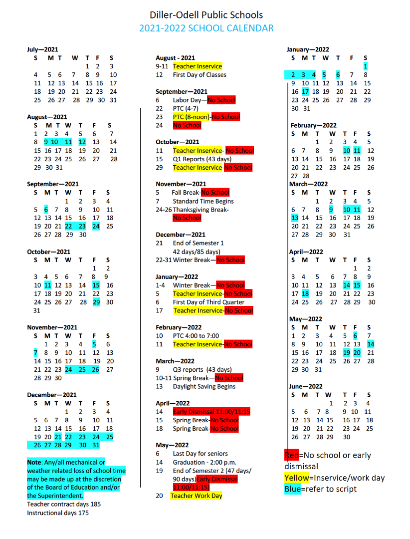 DillerOdell Public Schools Calendar 20242025